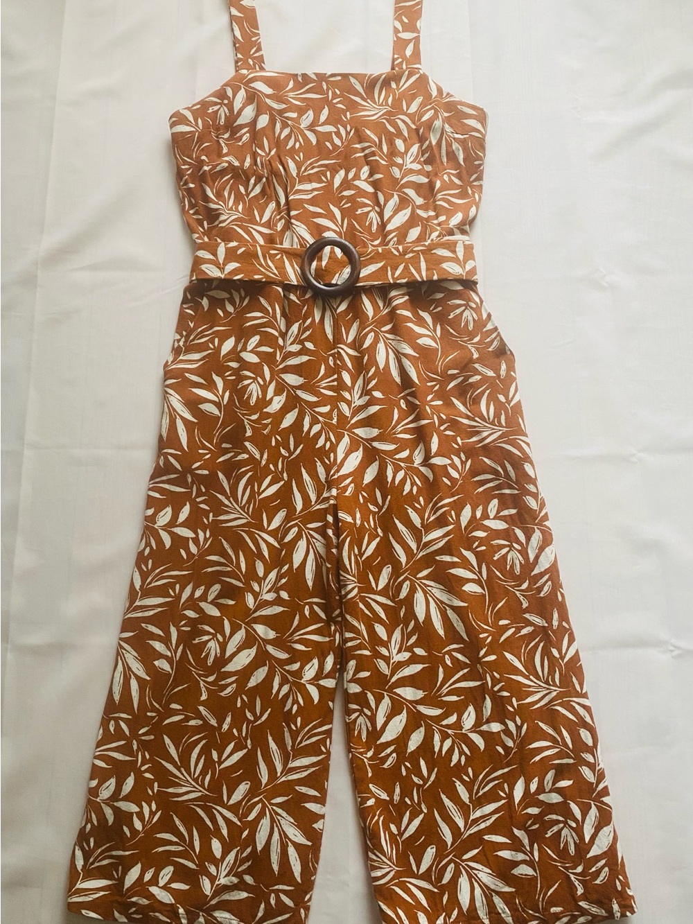 Monteau Rust Leaf-Print Wide-Leg Belted Jumpsuit - Picture 2 of 16